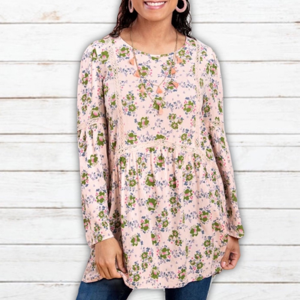 Matilda Jane Like a Lady tunic, size small, pink and green floral, bell sleeves